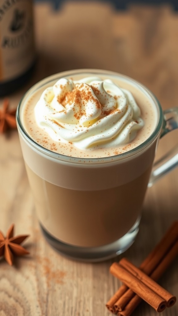 A creamy Cinnamon Dolce Latte in a cup with whipped cream and cinnamon, beside a cinnamon stick on a wooden table.